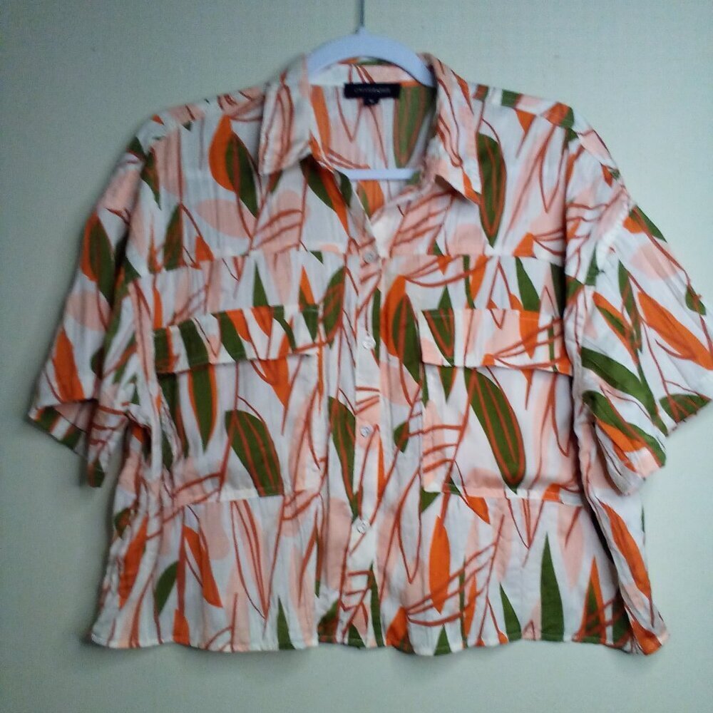 Calligraphie Shirt Women M Button Up Cropped Short Sleeve Pattern Orange Green